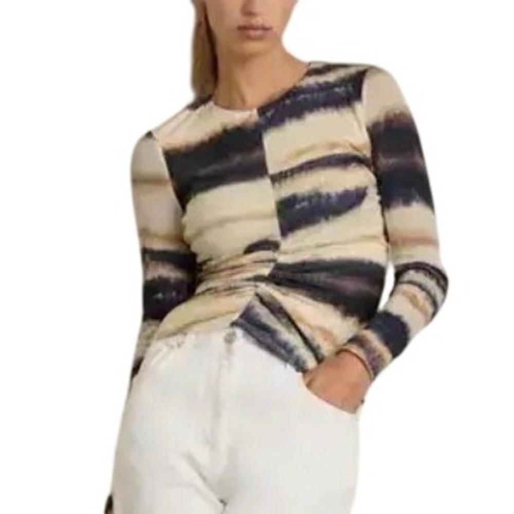 REISS Gia Printed Jersey Top Women Size 8 Cream Navy Tan Excellent Long Sleeve